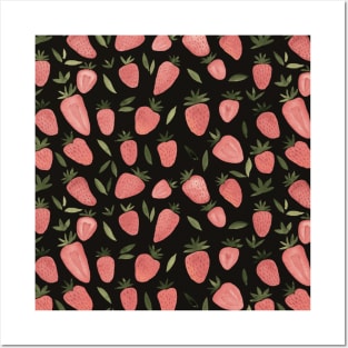 Watercolor strawberries pattern - dusty pink on dark background Posters and Art